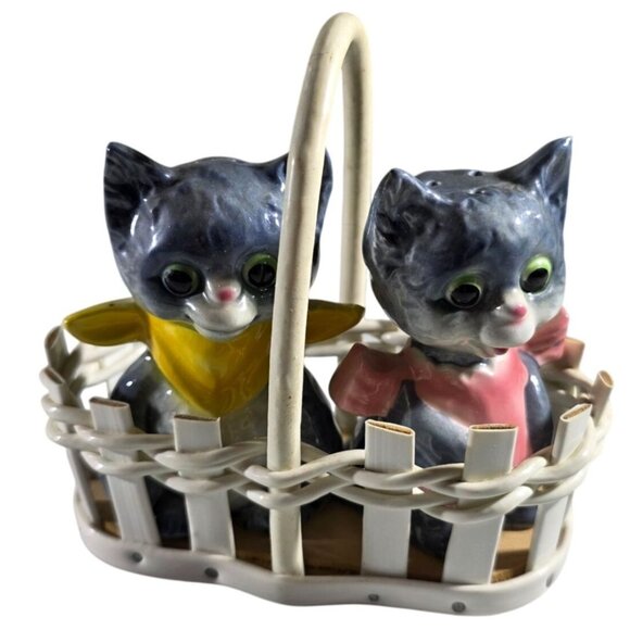 Vtg Ceramic Cat Salt Pepper Shakers With Basket Holder By Goebel Germany - Picture 1 of 11